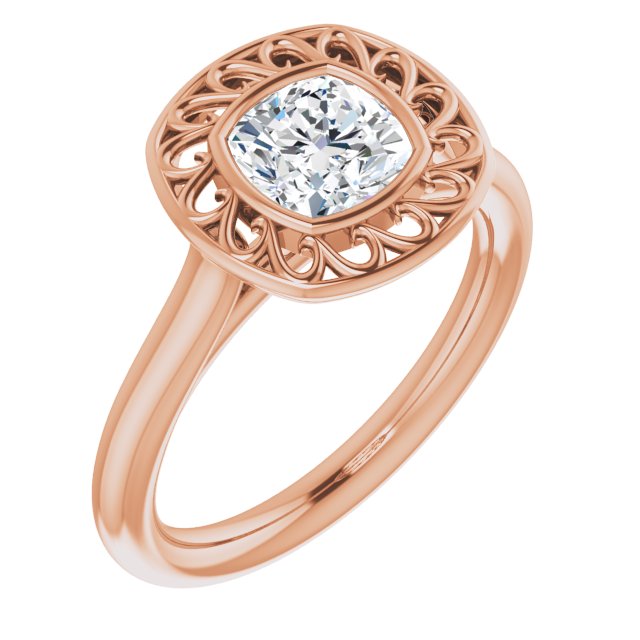 10K Rose Gold Customizable Cathedral-Bezel Style Cushion Cut Solitaire with Flowery Filigree