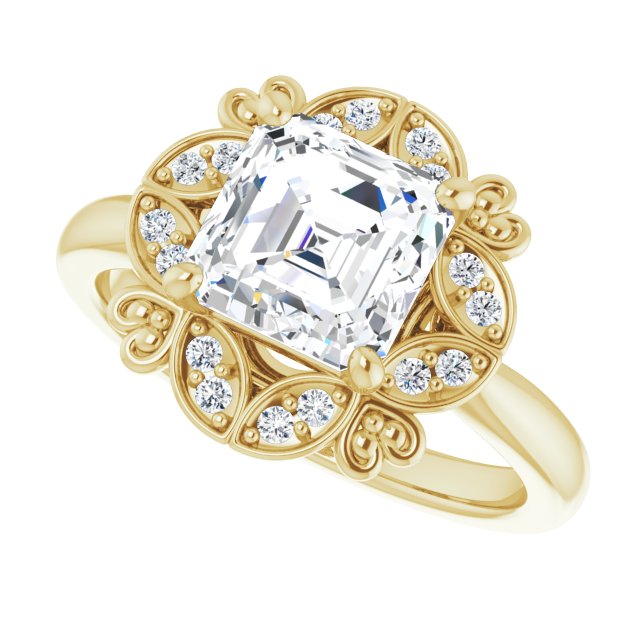Cubic Zirconia Engagement Ring- The Hé Zhang (Customizable Asscher Cut Design with Floral Segmented Halo & Sculptural Basket)