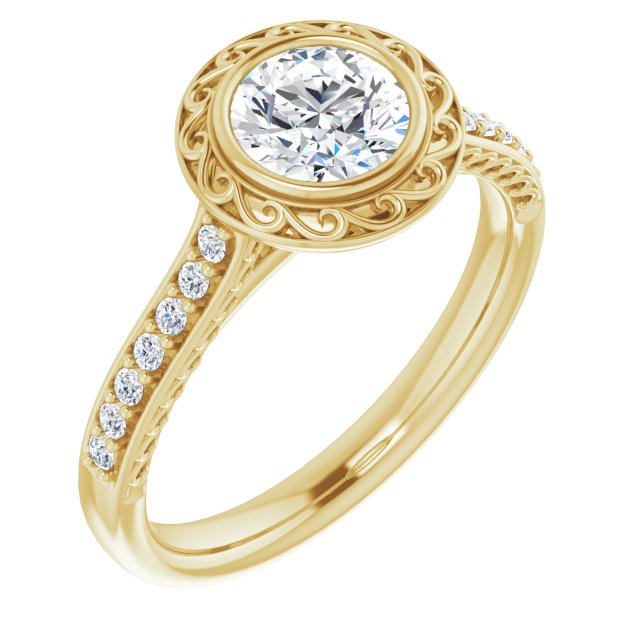 10K Yellow Gold Customizable Cathedral-Bezel Round Cut Design featuring Accented Band with Filigree Inlay