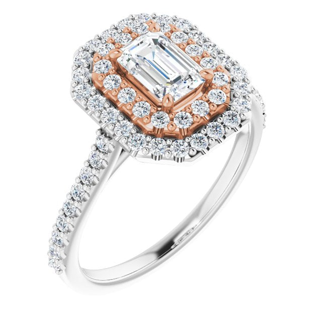 14K White & Rose Gold Customizable Double-Halo Emerald/Radiant Cut Design with Accented Split Band