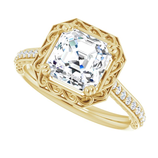 Cubic Zirconia Engagement Ring- The Montserrat  (Customizable Asscher Cut Halo Design with Filigree and Accented Band)