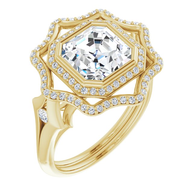 10K Yellow Gold Customizable Cathedral-bezel Asscher Cut Design with Floral Double Halo and Channel-Accented Split Band