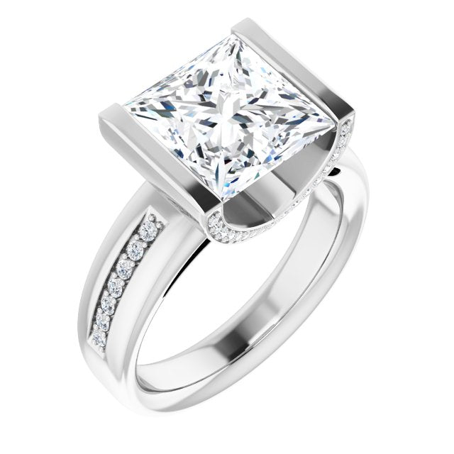 10K White Gold Customizable Cathedral-Bar Princess/Square Cut Design featuring Shared Prong Band and Prong Accents