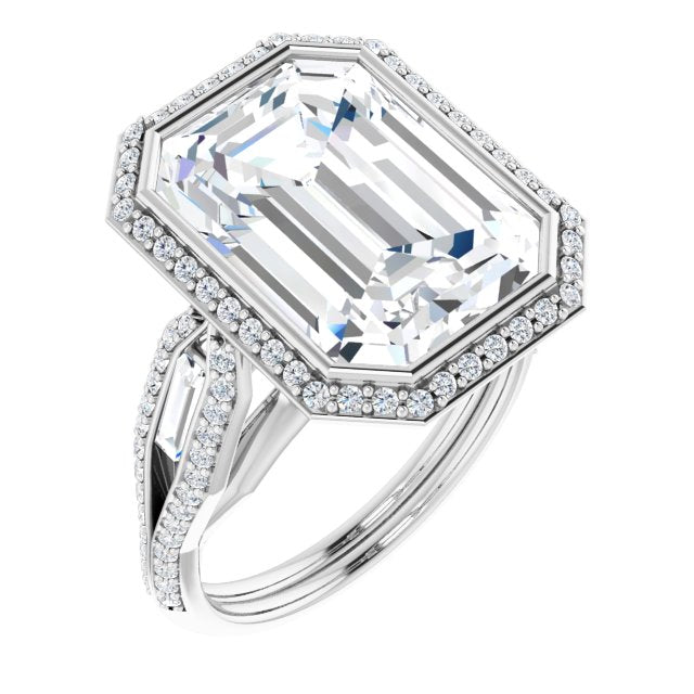 10K White Gold Customizable Cathedral-Bezel Emerald/Radiant Cut Design with Halo, Split-Pavé Band & Channel Baguettes