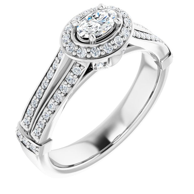 10K White Gold Customizable Oval Cut Setting with Halo, Under-Halo Trellis Accents and Accented Split Band