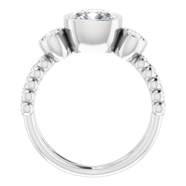 Cubic Zirconia Engagement Ring- The Tamanna (Customizable Bezel-set Cushion Cut Design with Dual Bezel-Oval Accents and Round-Bezel Accented Split Band)