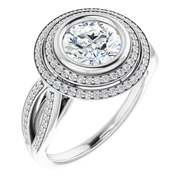 14K White Gold Customizable Bezel-set Round Cut Style with Double Halo and Split Shared Prong Band