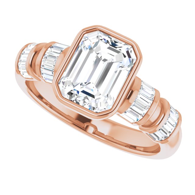 Cubic Zirconia Engagement Ring- The Astrid (Customizable Bezel-set Emerald Cut Design with Quad Horizontal Band Sleeves of Baguette Accents)