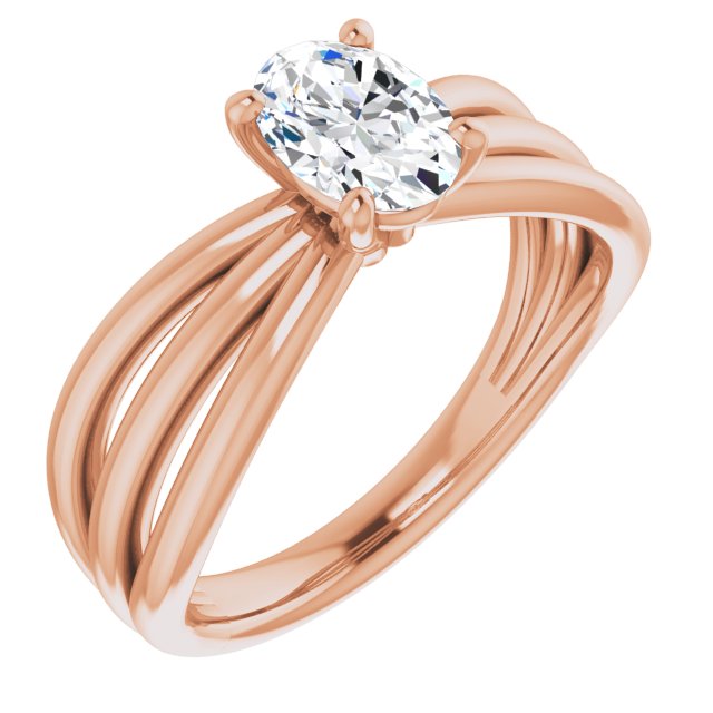 10K Rose Gold Customizable Oval Cut Solitaire Design with Wide, Ribboned Split-band