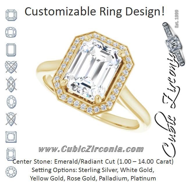 Cubic Zirconia Engagement Ring- The Cielo (Customizable Cathedral-Raised Emerald Cut Halo Style)