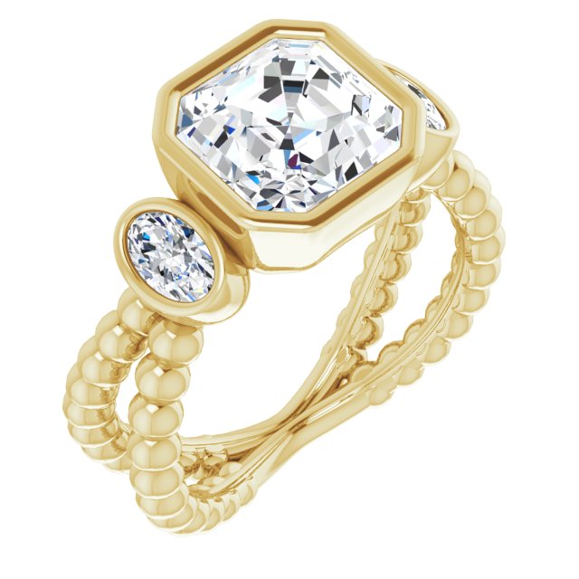 10K Yellow Gold Customizable 3-stone Asscher Cut Design with 2 Oval Cut Side Stones and Wide, Bubble-Bead Split-Band