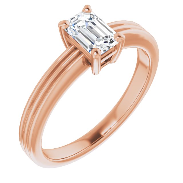 10K Rose Gold Customizable Emerald/Radiant Cut Solitaire with Double-Grooved Band