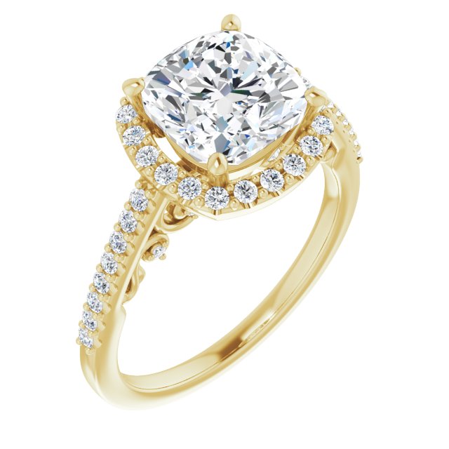 10K Yellow Gold Customizable Cathedral-Halo Cushion Cut Design with Carved Metal Accent plus Pavé Band