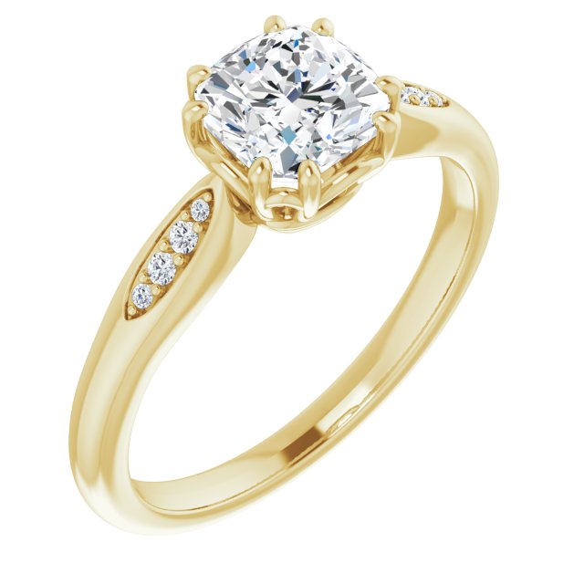10K Yellow Gold Customizable 9-stone Cushion Cut Design with 8-prong Decorative Basket & Round Cut Side Stones
