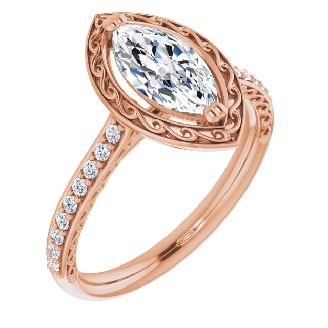 10K Rose Gold Customizable Marquise Cut Halo Design with Filigree and Accented Band