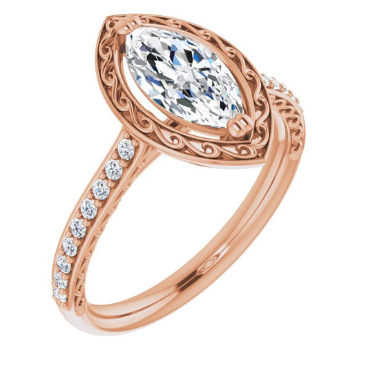 10K Rose Gold Customizable Marquise Cut Halo Design with Filigree and Accented Band