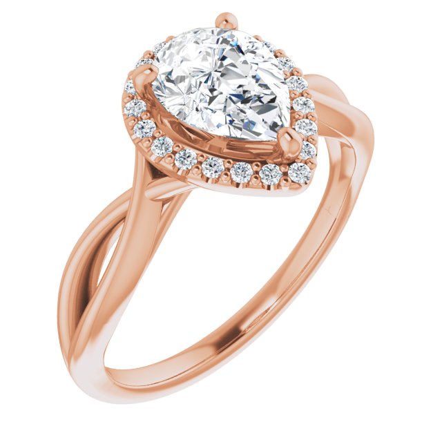 10K Rose Gold Customizable Cathedral-Halo Pear Cut Design with Twisting Split Band