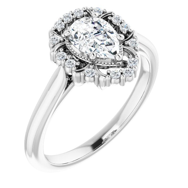 10K White Gold Customizable Pear Cut Design with Majestic Crown Halo and Raised Illusion Setting