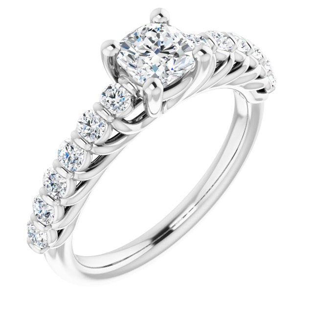 10K White Gold Customizable Cushion Cut Style with Round Bar-set Accents