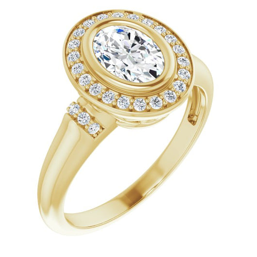10K Yellow Gold Customizable Bezel-set Oval Cut Design with Halo and Vertical Round Channel Accents
