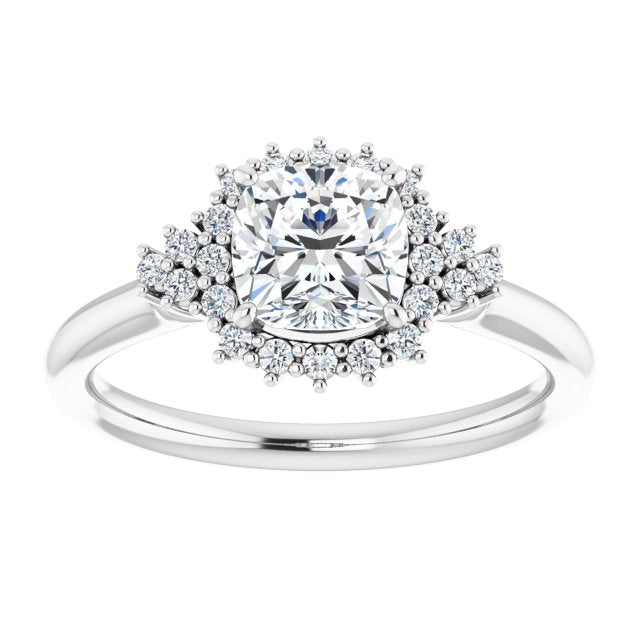 Cubic Zirconia Engagement Ring- The Winter (Customizable Cushion Cut Cathedral-Halo Design with Tri-Cluster Round Accents)