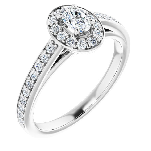 10K White Gold Customizable Oval Cut Style with Halo and Sculptural Trellis