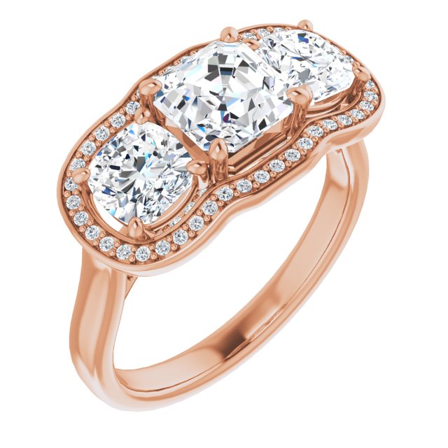 10K Rose Gold Customizable 3-stone Design with Asscher Cut Center, Cushion Side Stones, Triple Halo and Bridge Under-halo