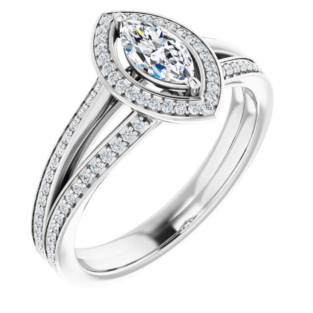 10K White Gold Customizable Marquise Cut Design with Split-Band Shared Prong & Halo
