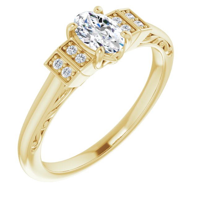 10K Yellow Gold Customizable Engraved Design with Oval Cut Center and Perpendicular Band Accents