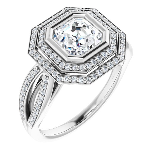 10K White Gold Customizable Bezel-set Asscher Cut Style with Double Halo and Split Shared Prong Band