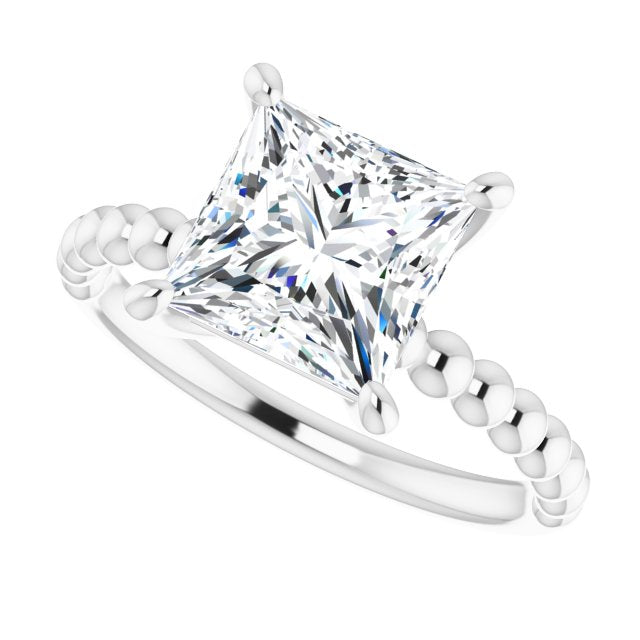 Cubic Zirconia Engagement Ring- The Hattie (Customizable Princess/Square Cut Solitaire with Thin Beaded-Bubble Band)