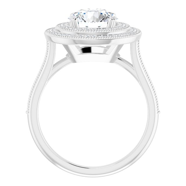 Cubic Zirconia Engagement Ring- The Aubriella (Customizable Round Cut Design with Elegant Double Halo, Houndstooth Milgrain and Band-Channel Accents)