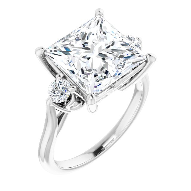 10K White Gold Customizable Three-stone Princess/Square Cut Design with Small Round Accents and Vintage Trellis/Basket
