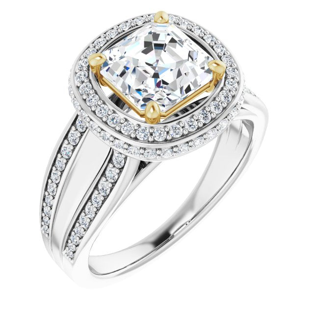 14K White & Yellow Gold Customizable Halo-style Asscher Cut with Under-halo & Ultra-wide Band