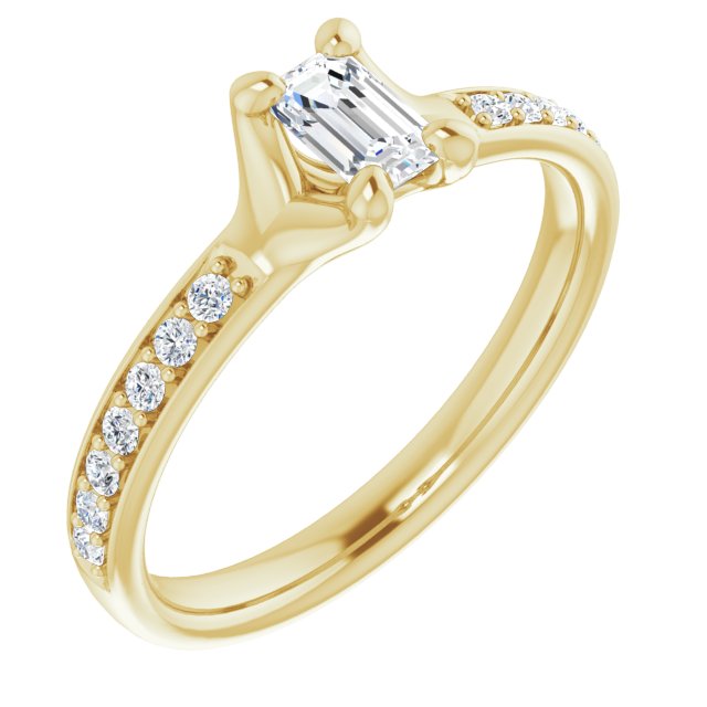 10K Yellow Gold Customizable Heavy Prong-Set Emerald/Radiant Cut Style with Round Cut Band Accents