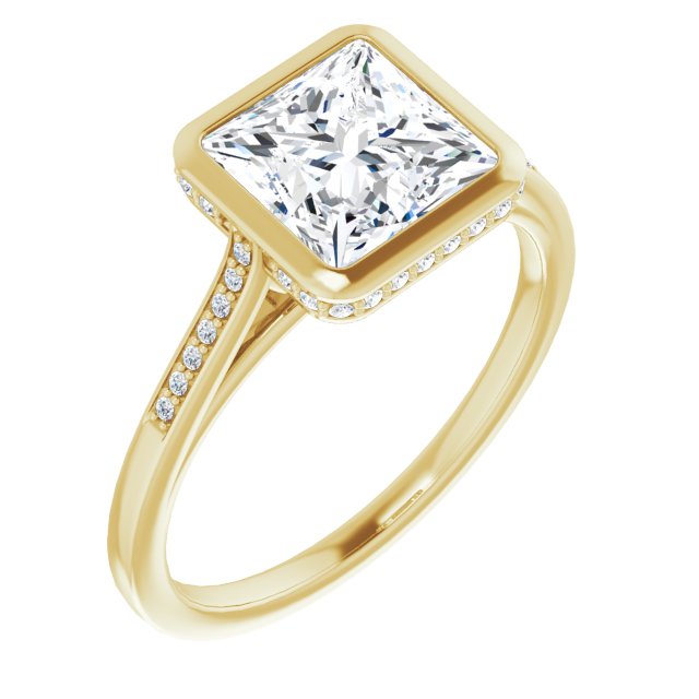 10K Yellow Gold Customizable Cathedral-Bezel Princess/Square Cut Style with Under-halo and Shared Prong Band