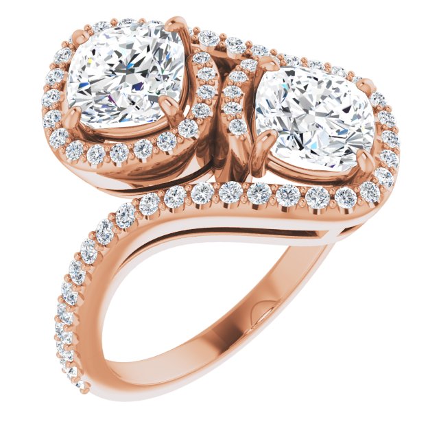 10K Rose Gold Customizable Double Cushion Cut 2-Stone Style Enhanced with Accented Artisan Bypass Band