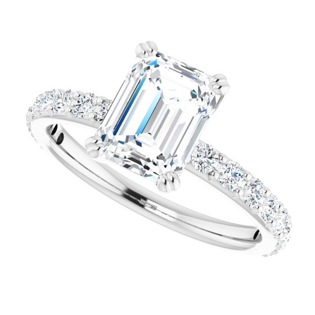 Cubic Zirconia Engagement Ring- The Chandita (Customizable Emerald Cut Design with Large Round Cut 3/4 Band Accents)