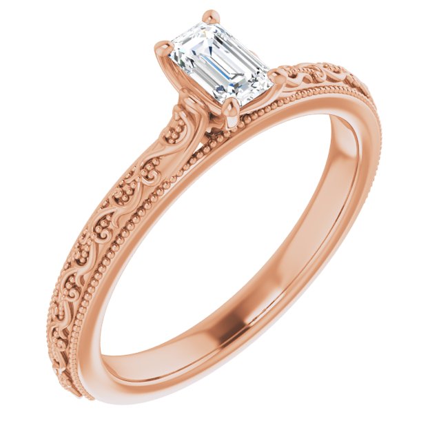 10K Rose Gold Customizable Emerald/Radiant Cut Solitaire with Delicate Milgrain Filigree Band