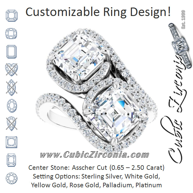 Cubic Zirconia Engagement Ring- The Anushka (Customizable Double Asscher Cut 2-Stone Style Enhanced with Accented Artisan Bypass Band)