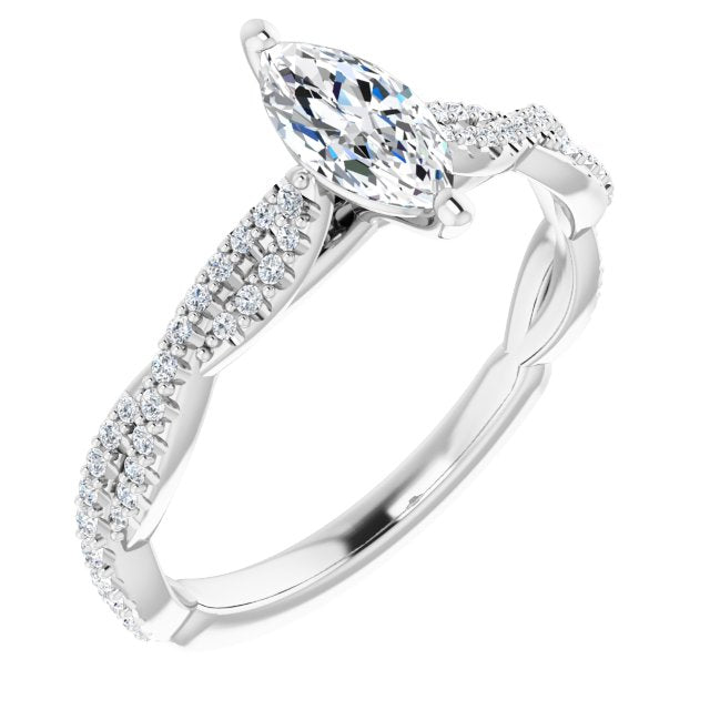 10K White Gold Customizable Marquise Cut Style with Thin and Twisted Micropavé Band