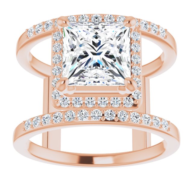 Cubic Zirconia Engagement Ring- The Jersey (Customizable Princess/Square Cut Halo Design with Open, Ultrawide Harness Double Pavé Band)