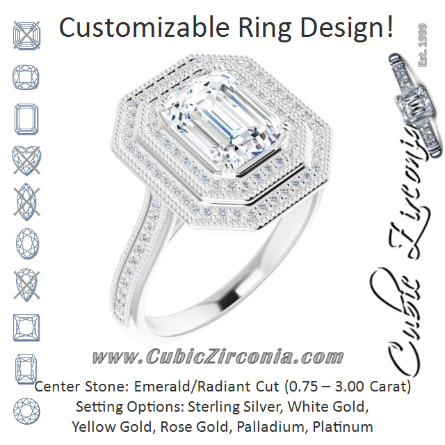Cubic Zirconia Engagement Ring- The Aubriella (Customizable Emerald Cut Design with Elegant Double Halo, Houndstooth Milgrain and Band-Channel Accents)