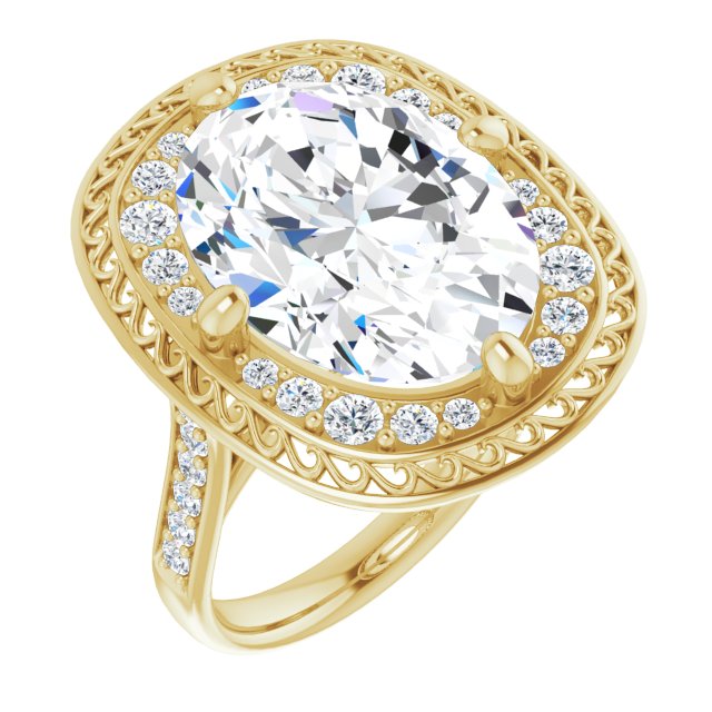 10K Yellow Gold Customizable Cathedral-style Oval Cut featuring Cluster Accented Filigree Setting & Shared Prong Band