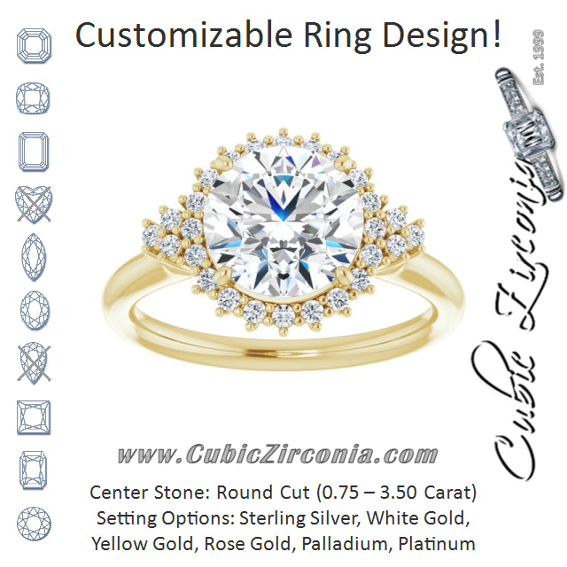Cubic Zirconia Engagement Ring- The Winter (Customizable Round Cut Cathedral-Halo Design with Tri-Cluster Round Accents)