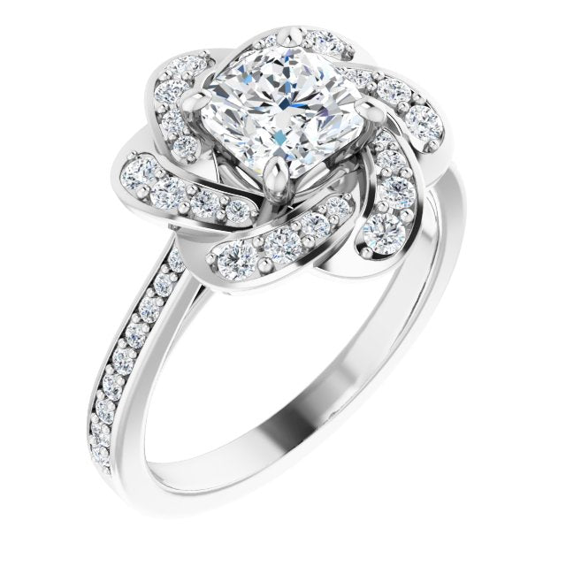 10K White Gold Customizable Cathedral-raised Cushion Cut Design with Floral/Knot Halo and Thin Accented Band