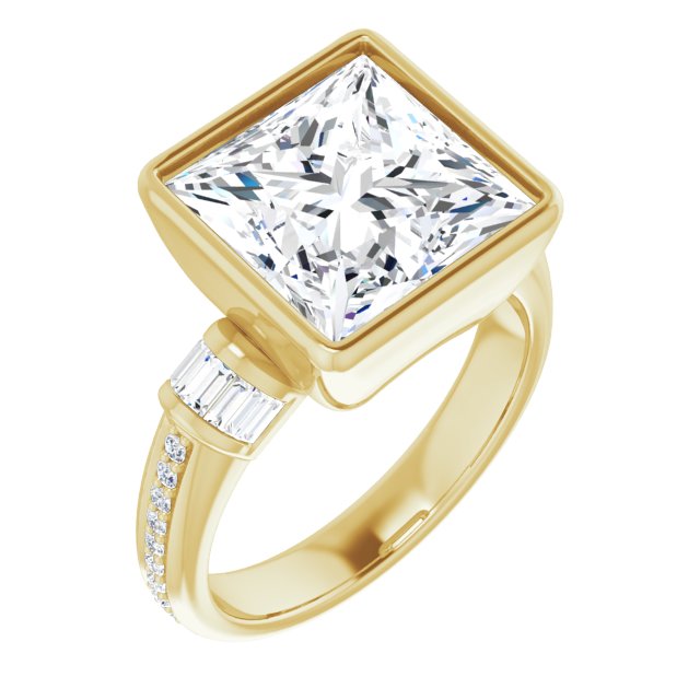 10K Yellow Gold Customizable Cathedral-Bezel Princess/Square Cut Style with Horizontal Baguettes & Shared Prong Band