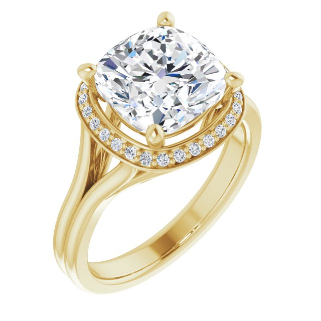 10K Yellow Gold Customizable Cathedral-set Cushion Cut Design with Split-band & Halo Accents