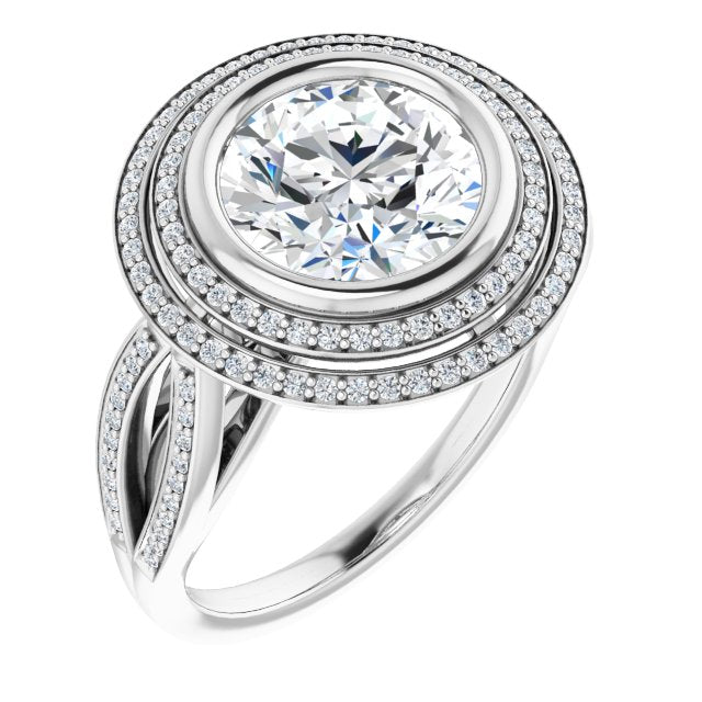 18K White Gold Customizable Bezel-set Round Cut Style with Double Halo and Split Shared Prong Band