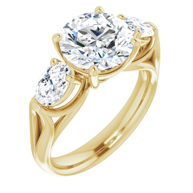 18K Yellow Gold Customizable Cathedral-set 3-stone Round Cut Style with Dual Oval Cut Accents & Wide Split Band